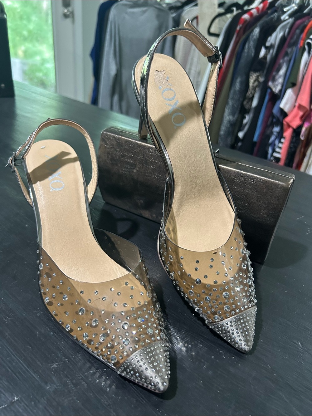 XOXO Nude Clear Slingback Heels with Silver Studded Pointed Toe